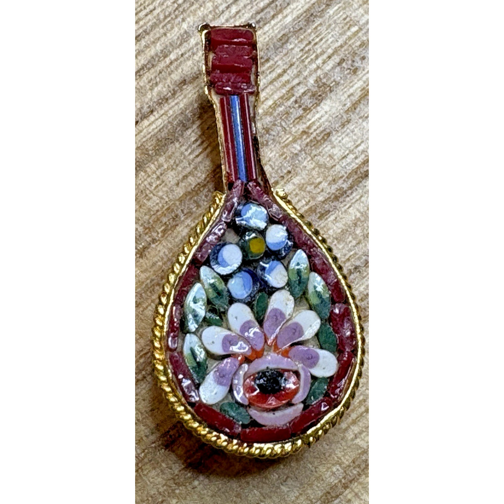 Vintage Red Micro Mosaic Mandolin/Guitar Pin/Brooch Flowers Petals in Gold Tone